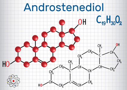 Androstenediol 雄激素类固醇激素结构化学公式和分子模型。一张纸在笼子里。矢量插图