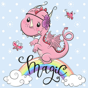 蓝色龙蓝色的背景可爱的卡通粉红色的龙照片