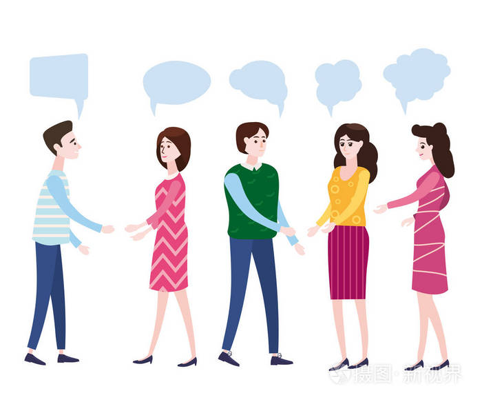 矢量插画, 现代卡通风格, 商人讨论社会网络, 新闻