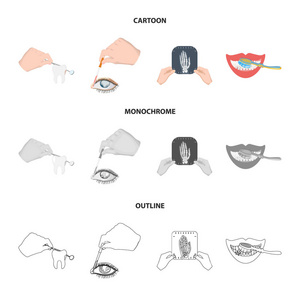 检查的牙齿, 灌输的眼睛和其他网页图标在卡通, 轮廓, 单色风格。一个快照的手, 牙齿清洁图标集合收集