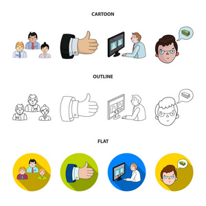 视频会议, 商业思想, 一个好的徽章 Bizneskonferentsiya 和谈判集合图标在卡通, 轮廓, 平面风格矢量符号股