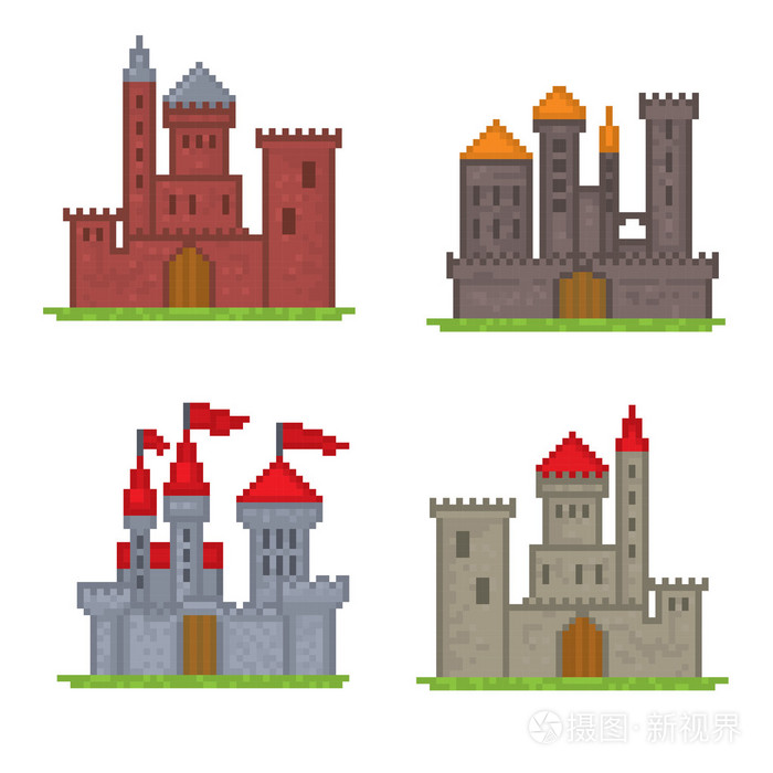 城堡和要塞的图标。像素艺术