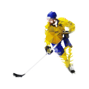 冰球运动员在黄色球衣, 低聚孤立向量例证。冬季团队运动
