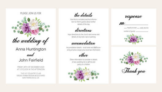 美丽的花卉婚礼邀请集紫色玫瑰和白牡丹。此婚礼请柬模板集包括四个模板 邀请卡rsvp 卡详细信息和感谢卡
