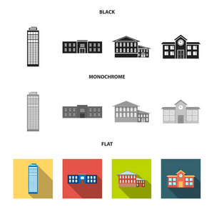 摩天大楼, 警察, 旅馆, 学校。建筑物集集合图标黑色, 平面, 单色样式矢量符号股票插画网站