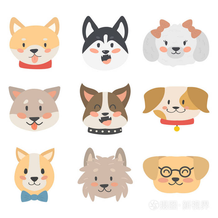 可爱的卡通狗性格头面包卡通小狗友好可爱犬矢量图