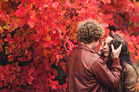 卷曲头发的大胡子人和棕色头发的妇女在秋天拥抱在红色树背景下