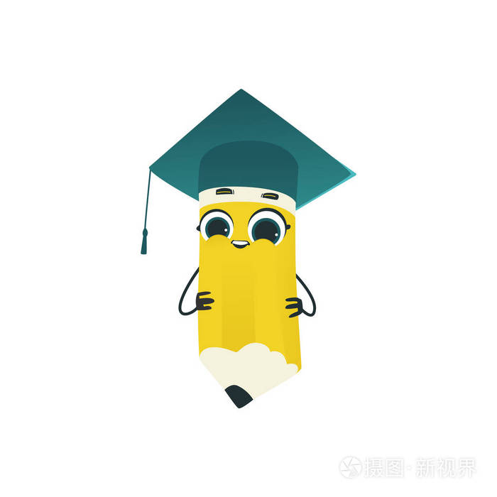 在白色背景上孤立的学术帽中的可爱铅笔卡通人物插画 正版商用图片0q75p4 摄图新视界 在白色背景上孤立的学术帽中的可爱铅笔卡通人物插画 正版商用图片0q75p4 摄图新视界