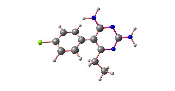 乙胺嘧啶是一种用叶酸治疗弓形虫病和 cystoisosporiasis 的药物。3d 插图