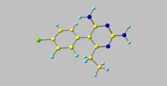 乙胺嘧啶是一种用叶酸治疗弓形虫病和 cystoisosporiasis 的药物。3d 插图