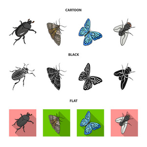 节肢动物昆虫甲虫, 蛾, 蝴蝶, 飞。昆虫集合图标在卡通, 黑色, 平面式矢量符号股票等距插图网