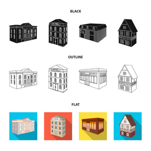 博物馆大楼, 一个三层的酒店, 一个稳定的马场, 一个住宅平房。建筑和建筑集合图标黑色, 平面, 轮廓样式矢量符号股票