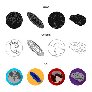 水星, 太阳系行星的冥王星。一个黑洞和一颗陨石。行星集合图标黑色, 平面, 轮廓样式矢量符号股票插画网站