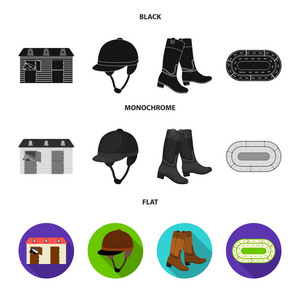 靴子, 草地, 体育场, 轨道, 休息。竞技场和马集合图标黑色, 平, 单色风格矢量符号股票插画网站