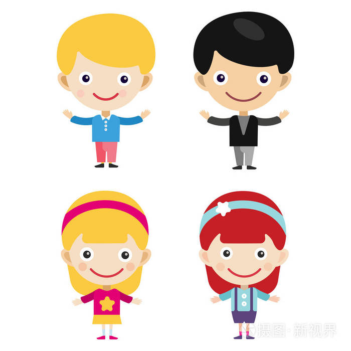女孩肖像开心男孩年轻表达可爱少年漫画人物小小孩矢量图