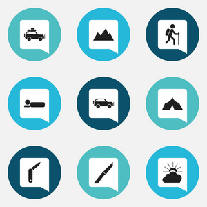 9 可编辑旅行图标集。包括符号日出 运动型车，航行车等。可用于 Web 移动 Ui 和数据图表设计