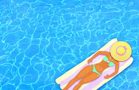 妇女休息在漂浮的空气床垫在游泳池。夏日假期田园风光。顶部视图。海上度假
