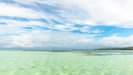 尼龙池在多巴哥旅游吸引力浅景深清澈的海水水覆盖珊瑚和白砂全景视图