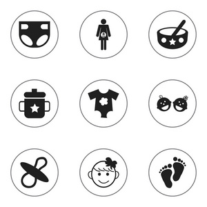 9 可编辑图标集。包括性格开朗的孩子 换尿布 勺子等符号。可用于 Web 移动 Ui 和数据图表设计