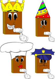 书打开一个空白管的浆糊.卡通书籍收藏与服装面孔.表达式向量集照片