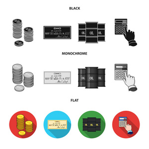 一叠硬币, 一张银行支票, 一台计算器, 一堆黑金子。货币和金融集合图标黑色, 平, 单色风格矢量符号股票插画网站