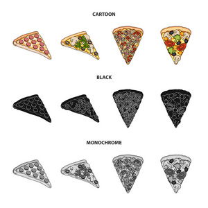 有不同配料的披萨片。不同的比萨集合图标在卡通, 黑色, 单色风格矢量符号股票插画网站