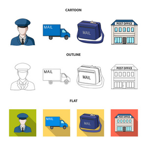 邮递员在制服, 邮件机, 袋子为信件, 邮局。邮件和邮差集合图标在卡通, 轮廓, 平面风格矢量符号股票插画网站