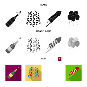 香槟, 烟花和其他配件在晚会上。党和 partits 集合图标在黑色, 平, 单色风格矢量符号股票插画网站