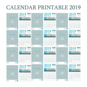 日历 2019, 设置办公桌日历模板设计与地方的照片和公司徽标。星期从星期日开始。设置12月