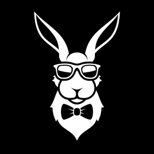 蝴蝶领带图标时尚的时髦兔子的肖像.兔眼镜及蝴蝶结领带 logo 标志.