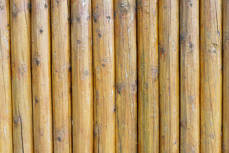 由褐色圆形垂直松木原木制成的栅栏。自然日志背景