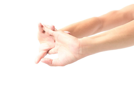 白色背景上的拉伸练习手指.照片