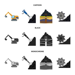 挖掘机隧道电梯采煤机等设备。矿山集合图标在卡通, 黑色, 单色风格矢量符号股票插画网站