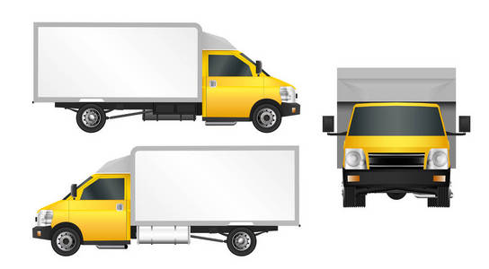 黄色卡车模板。货物范矢量图 Eps 10 孤立在白色背景上。市商用车交付