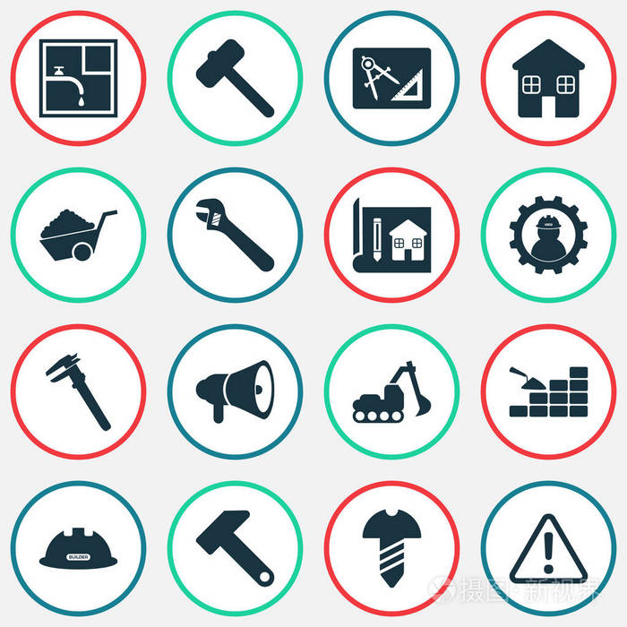 工业图标设置与建筑头盔, 绘图与适应, 挖掘机和其他水管工元素.