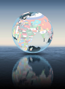 卡塔尔在政治地球漂浮在水之上。3d 插图