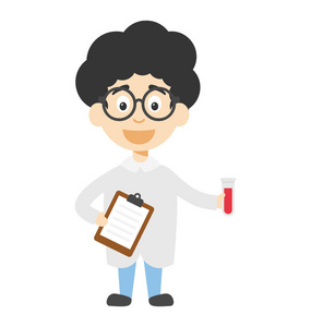 手持试管和实验室报告的卡通男孩科学家照片