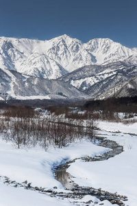 日本中部山地树木景观的雪冬自然