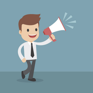 滑稽的卡通商人呼喊通过扩音器照片