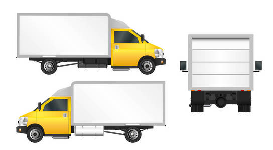 黄色卡车模板。货物范矢量图 Eps 10 孤立在白色背景上。市商用车交付