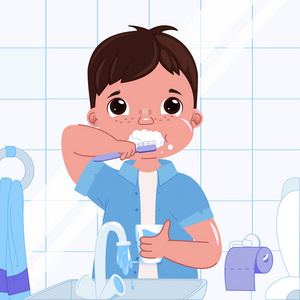 可爱的小男孩早上刷牙。日常生活。牙科卫生