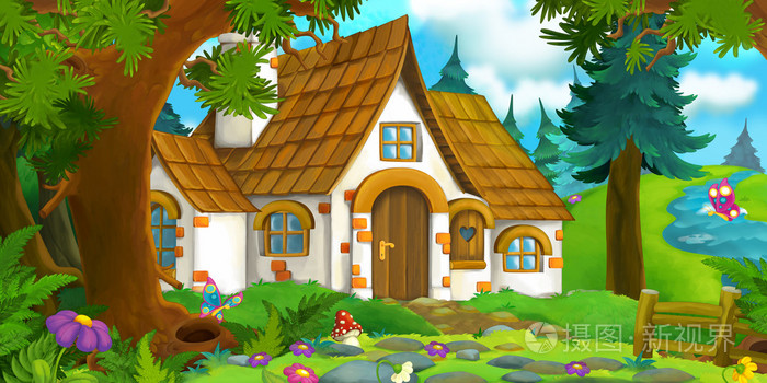 卡通场景的狼跑到老房子-儿童插画