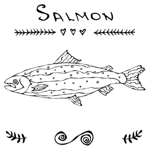 钓鱼俱乐部或海鲜寿司菜单的三文鱼。孤立的一个白色背景涂鸦卡通复古手绘草图的矢量图