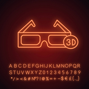 3d 眼镜霓虹灯图标。偏光浮雕眼镜。带有字母数字和符号的发光符号。矢量隔离插图