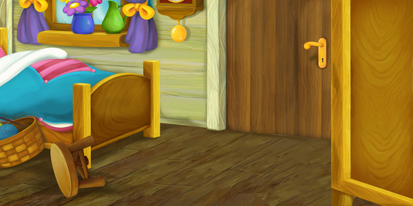 有一张床的床头桌和闹钟卡通场景内部的当代卧室卧室客厅室内设计在