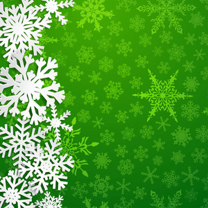 圣诞节插图与大白色雪花与阴影在绿色背景