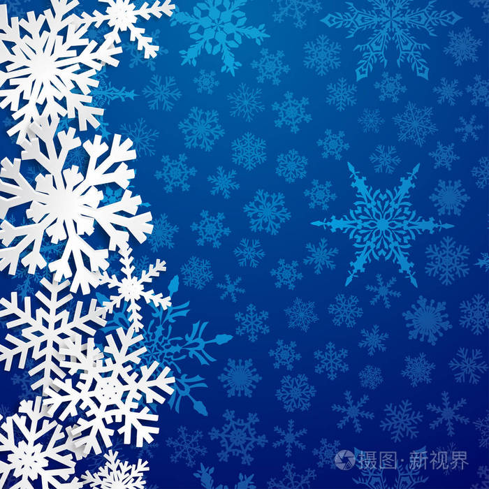 蓝色背景下带有阴影的大白色雪花的圣诞插图