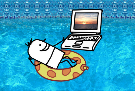 卡通人物笔记本电脑在泳池里的男人