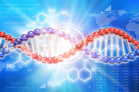 创造性的抽象 Dna 遗传研究科学的医学技术分析概念 3d. Dna 分子结构和研究数据空间的渲染例证