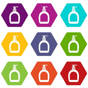 瓶与液体肥皂图标设置颜色六面体